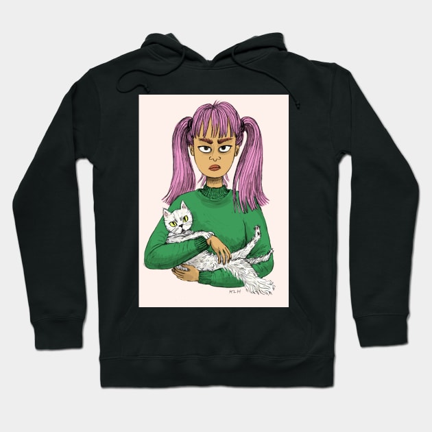 Pink Haired Girl with White Cat Hoodie by sadnettles